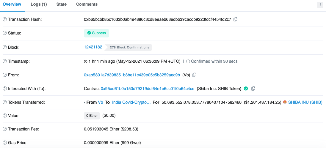 Vitalik's transaction where he rugged $SHIB for charity.